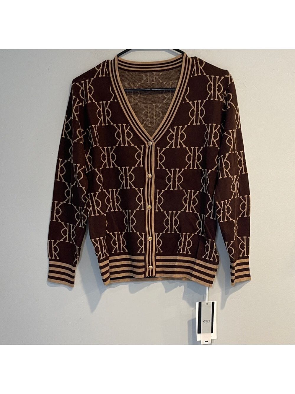 NWT Brown and Tan Monogram Cardigan Size Medium